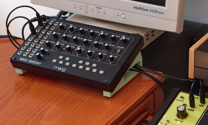 Moog Mavis on a Compact Stand connected to a Matriarch